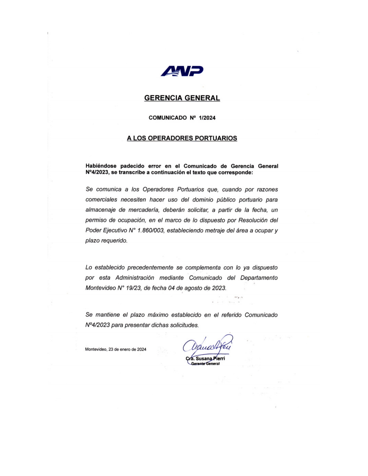 Comunicado 1/2024 Gerencia General ANP